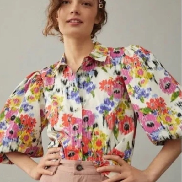 ANTHROPOLOGIE MAEVE Rachael collared  Floral Blouse Balloon Sleeve Size Medium - Picture 2 of 12